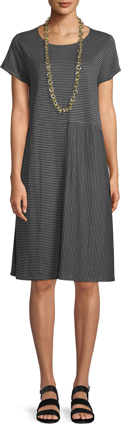 Eileen Fisher Short-Sleeve Striped Organic Linen Jersey Dress