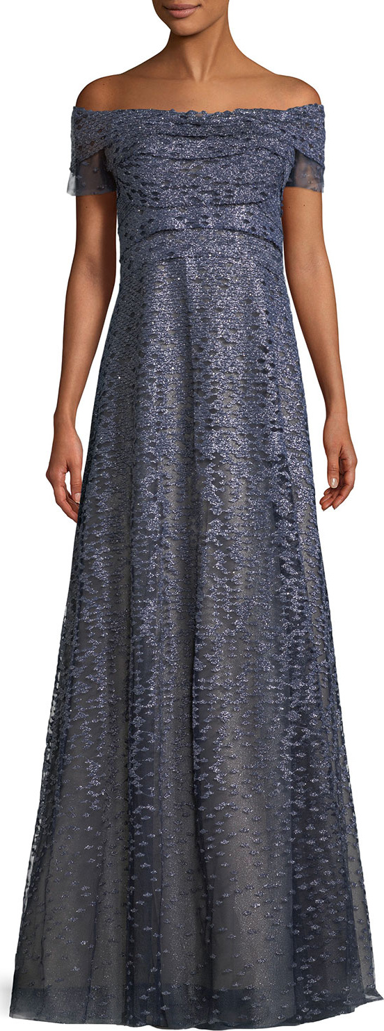 RENE RUIZ Metallic Off-the-Shoulder A-Line Gown