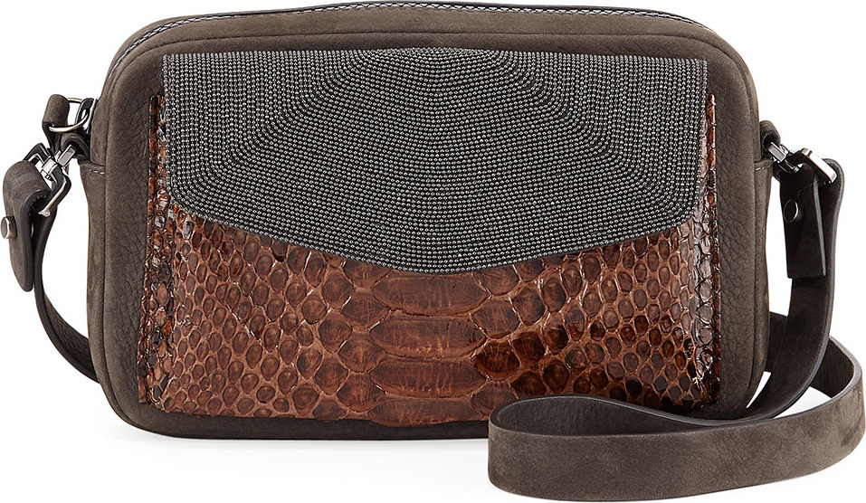 Brunello Cucinelli Leather & Snakeskin Pouch Crossbody Bag with Monili Trim