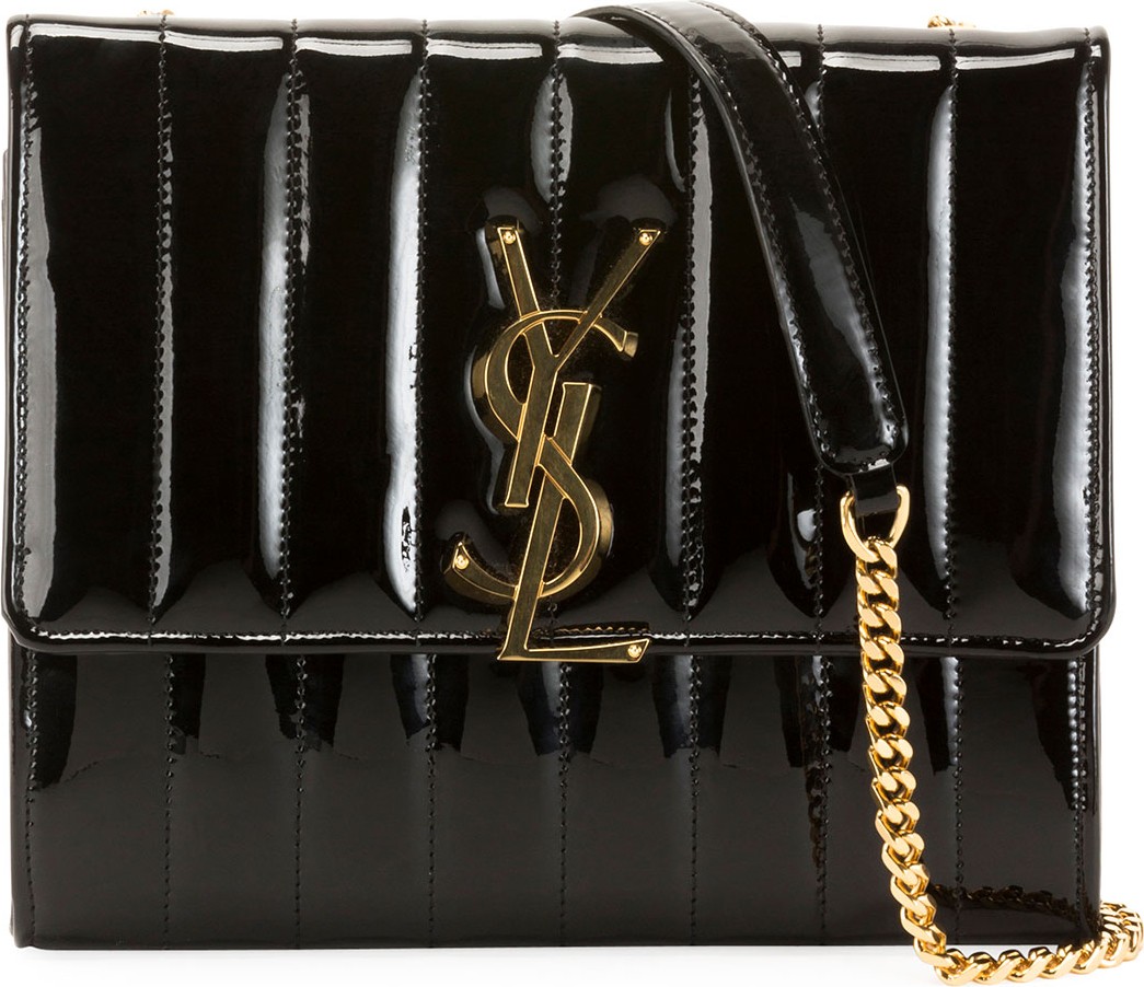 Saint Laurent Vicky Monogram YSL North/South Quilted Patent Wallet on Chain