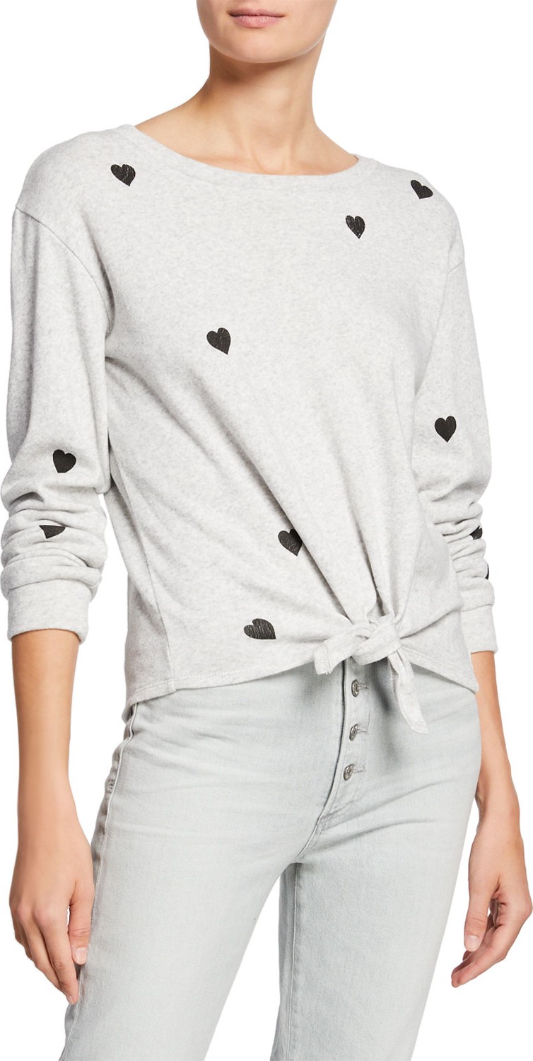 Generation Love Melissa Crewneck Long-Sleeve Top w/ Hearts & Self-Tie Hem