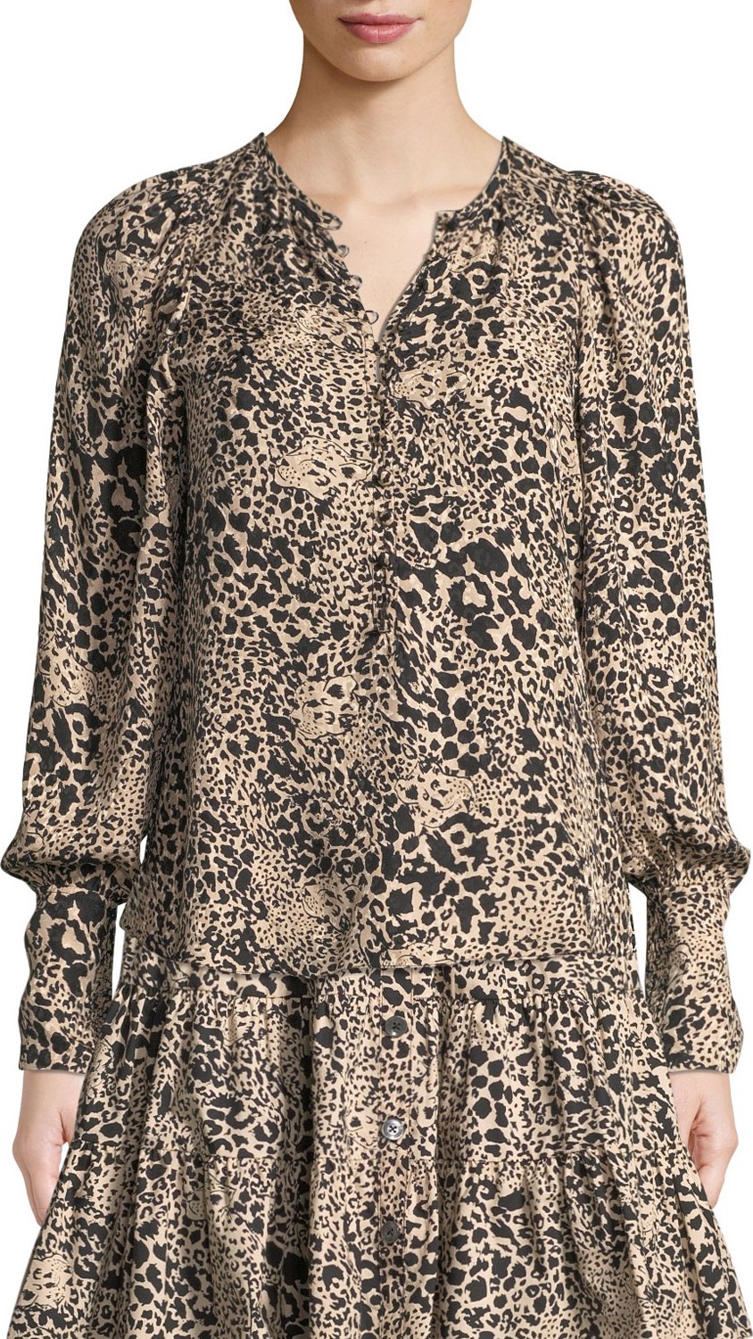 Rebecca Taylor Leopard-Print Jacquard Silk Button-Front Blouse