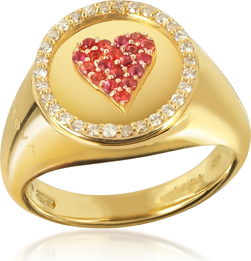 Makova Jewelry 18K Yellow Gold, 0.10 ctw Sunset Sapphire & 0.15 ctw Diamonds Queen of Heart Pinky Ring