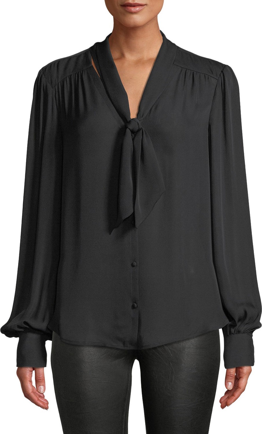 PAIGE Cleobelle Silk Tie-Neck Button-Down Blouse