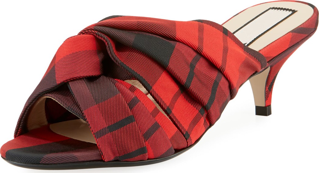 Nº21 Knotted Printed Tartan Plaid Fabric Slide Sandals
