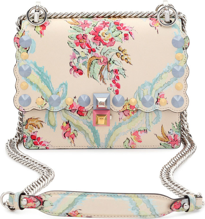 Fendi Kan I Mini Aubusson-Print Chain Shoulder Bag, Beige