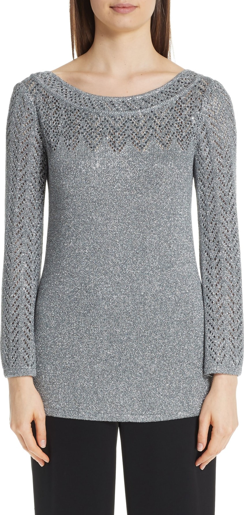 St. John Metallic Eyelet Chevron Knit Top St. John Metallic Eyelet Chevron Knit Top