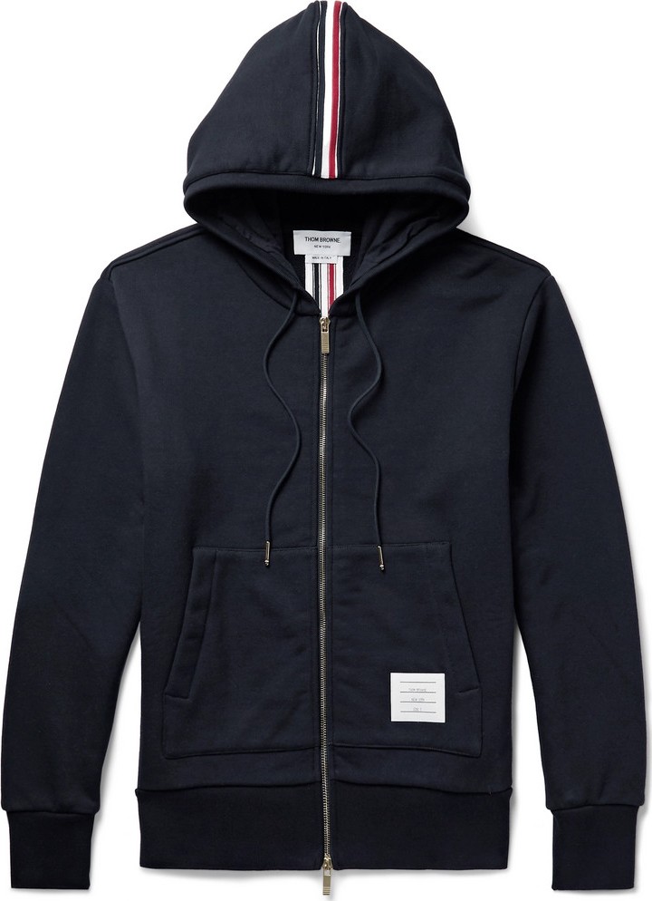 Thom Browne Grosgrain-Trimmed Loopback Cotton-Jersey Zip-Up Hoodie