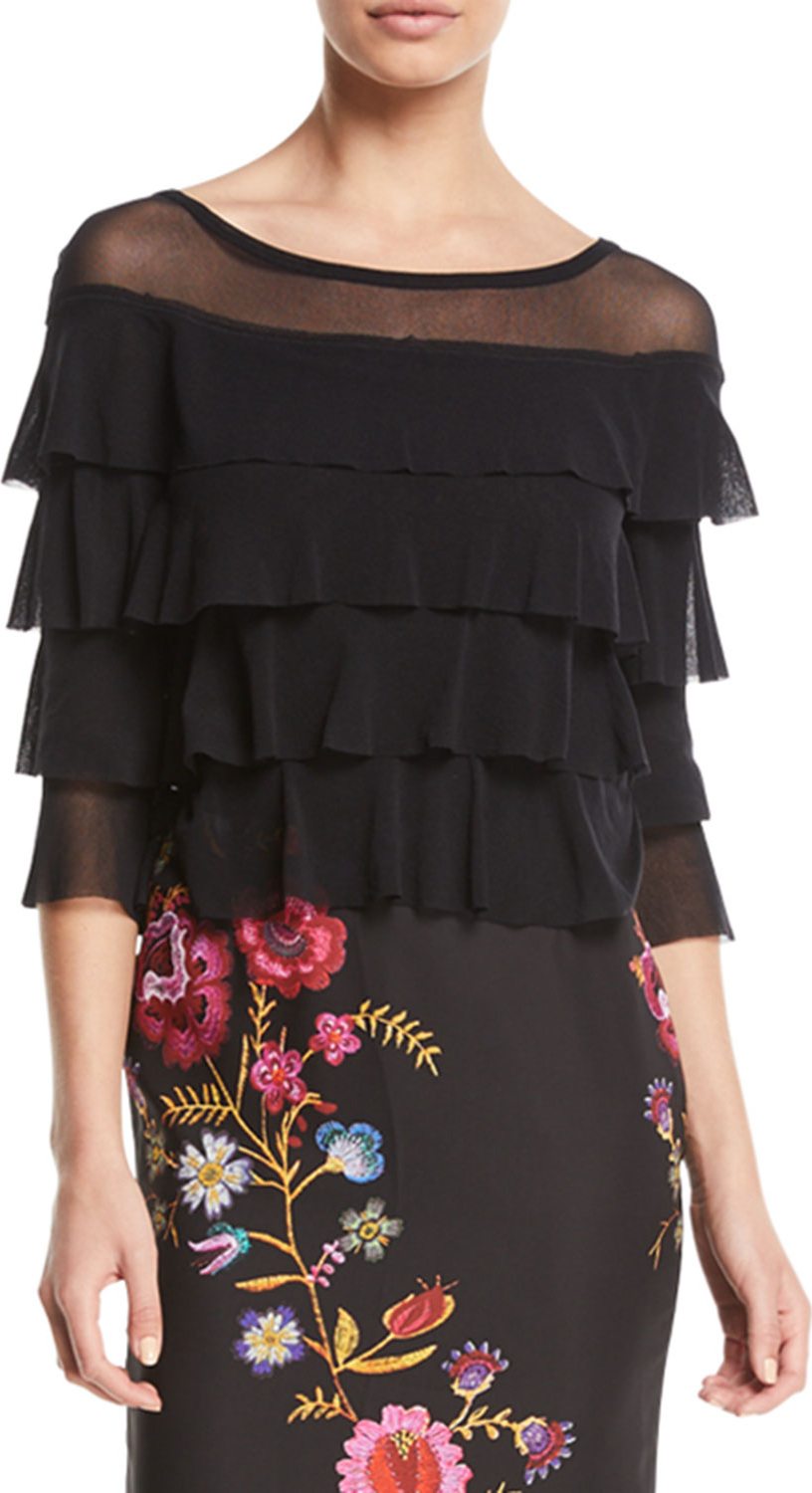 Fuzzi 3/4-Sleeve Tiered Ruffled Tulle Top