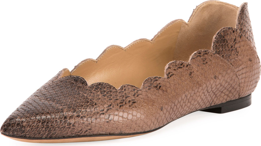 Chloe Lauren Scallop Lizard-Print Pointy-Toe Ballet Flats