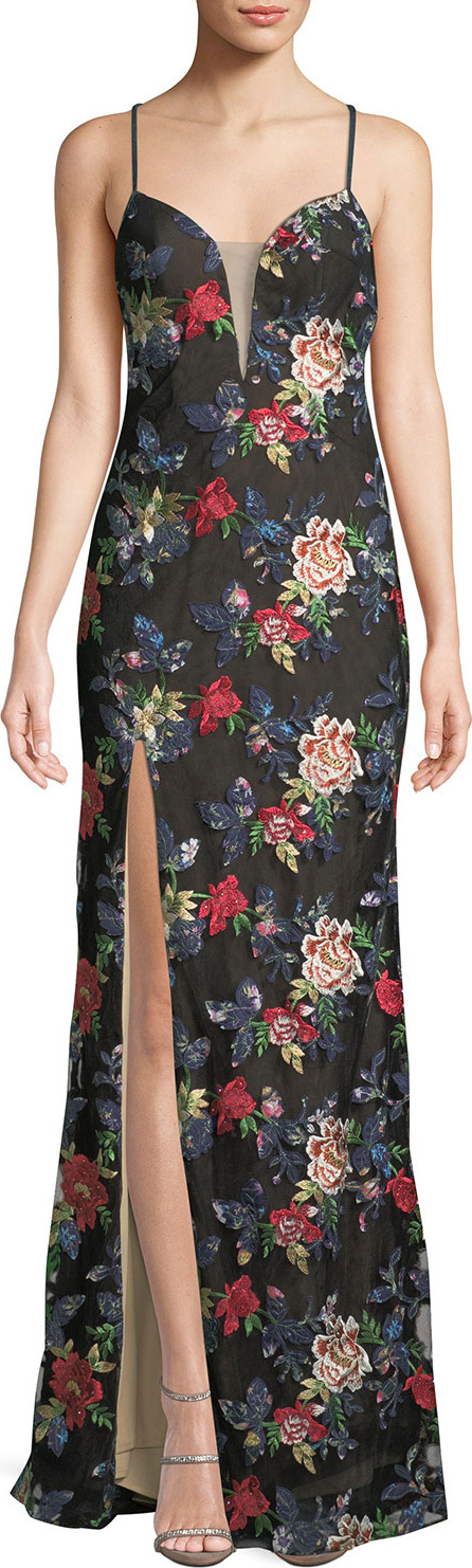 La Femme All Over Floral Embroidered Strappy Gown