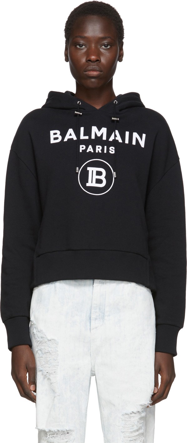 Balmain Black Cropped Flocked Logo Hoodie