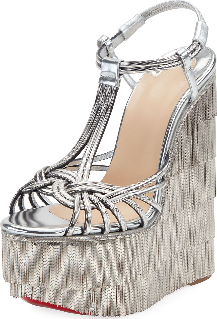 Christian Louboutin Espelio Platform Red Sole Sandals, Silver