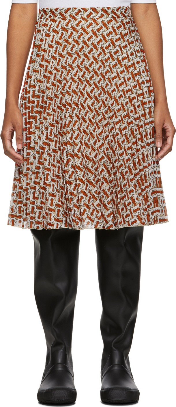 Burberry London England Red & White Monogram Pleated Skirt