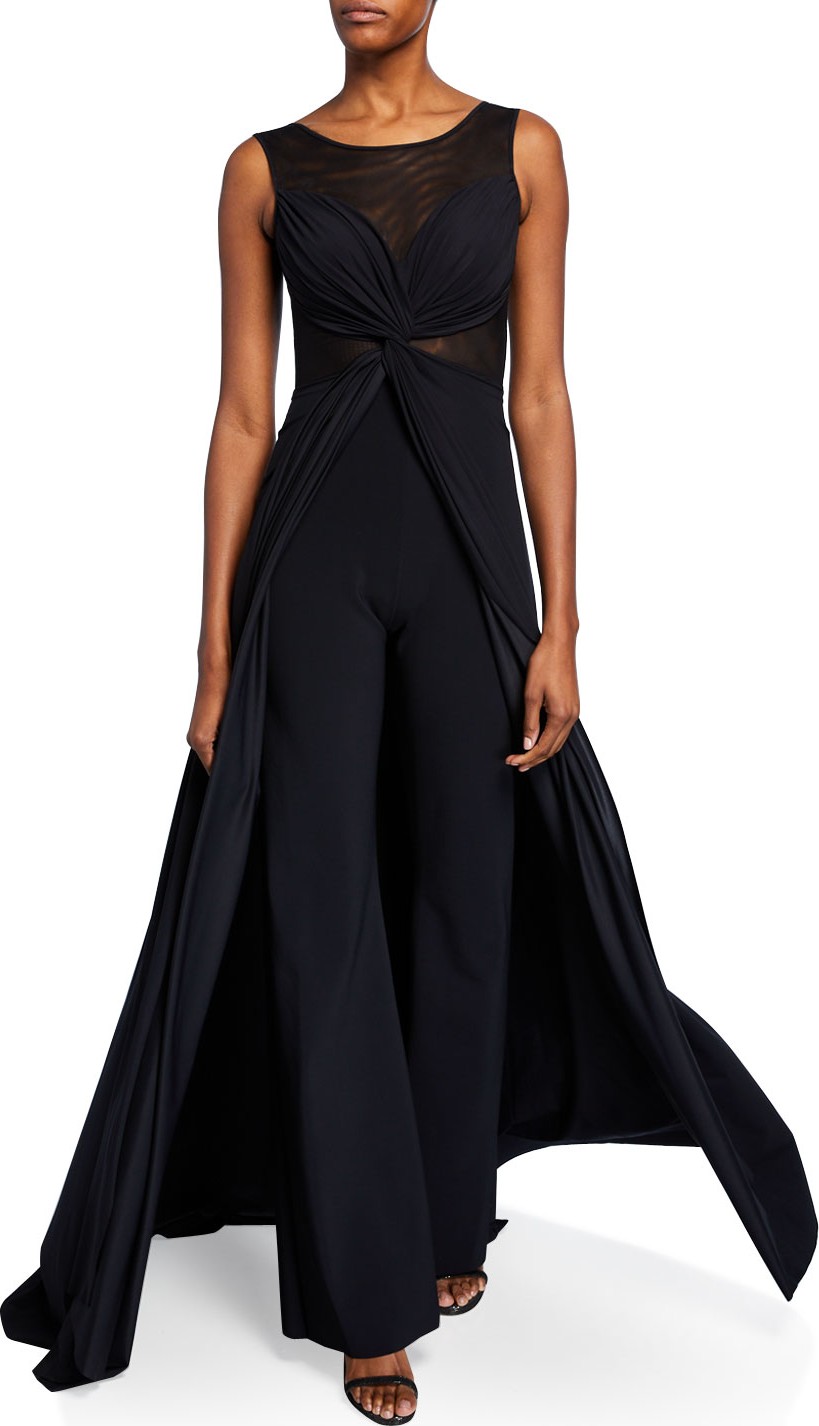 La Petite Robe di Chiara Boni Allyette Mesh Illusion Sleeveless Jumpsuit w/ Overskirt
