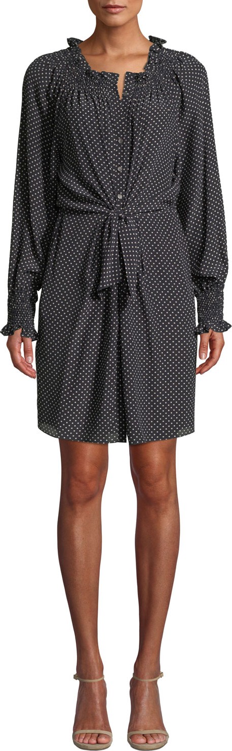 Rebecca Taylor Long-Sleeve Front-Tie Dot Silk Dress