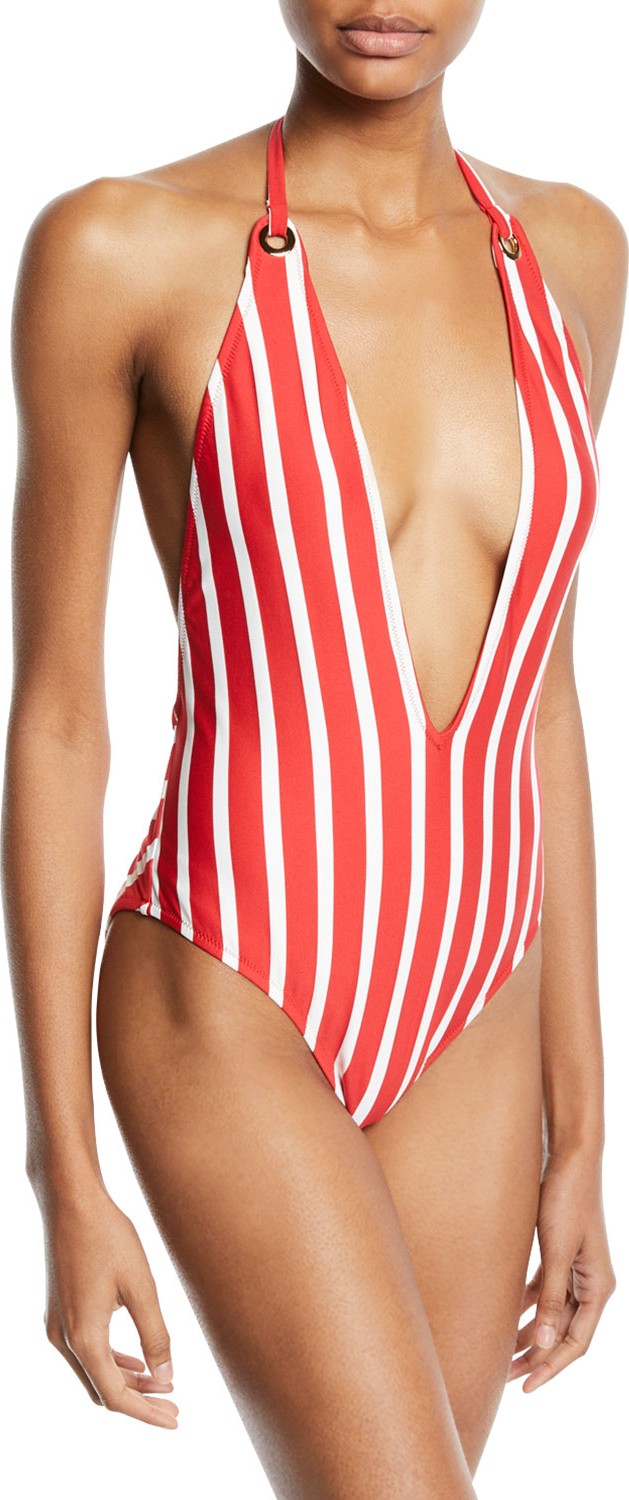 MILLY Striped Halter Grommet One-Piece Swimsuit