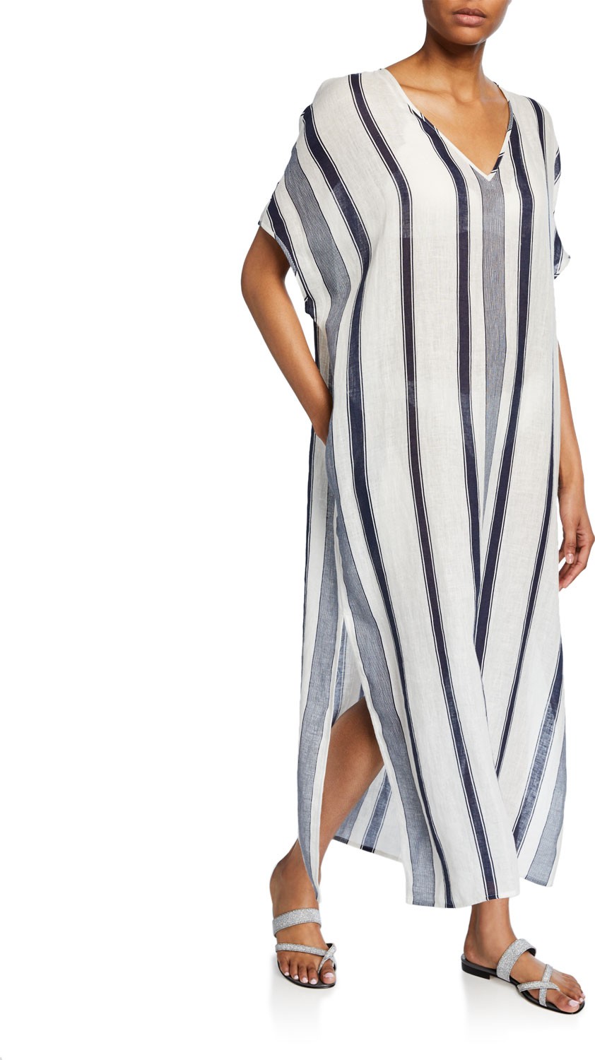 Tory Burch Awning Stripe Short-Sleeve Long Caftan
