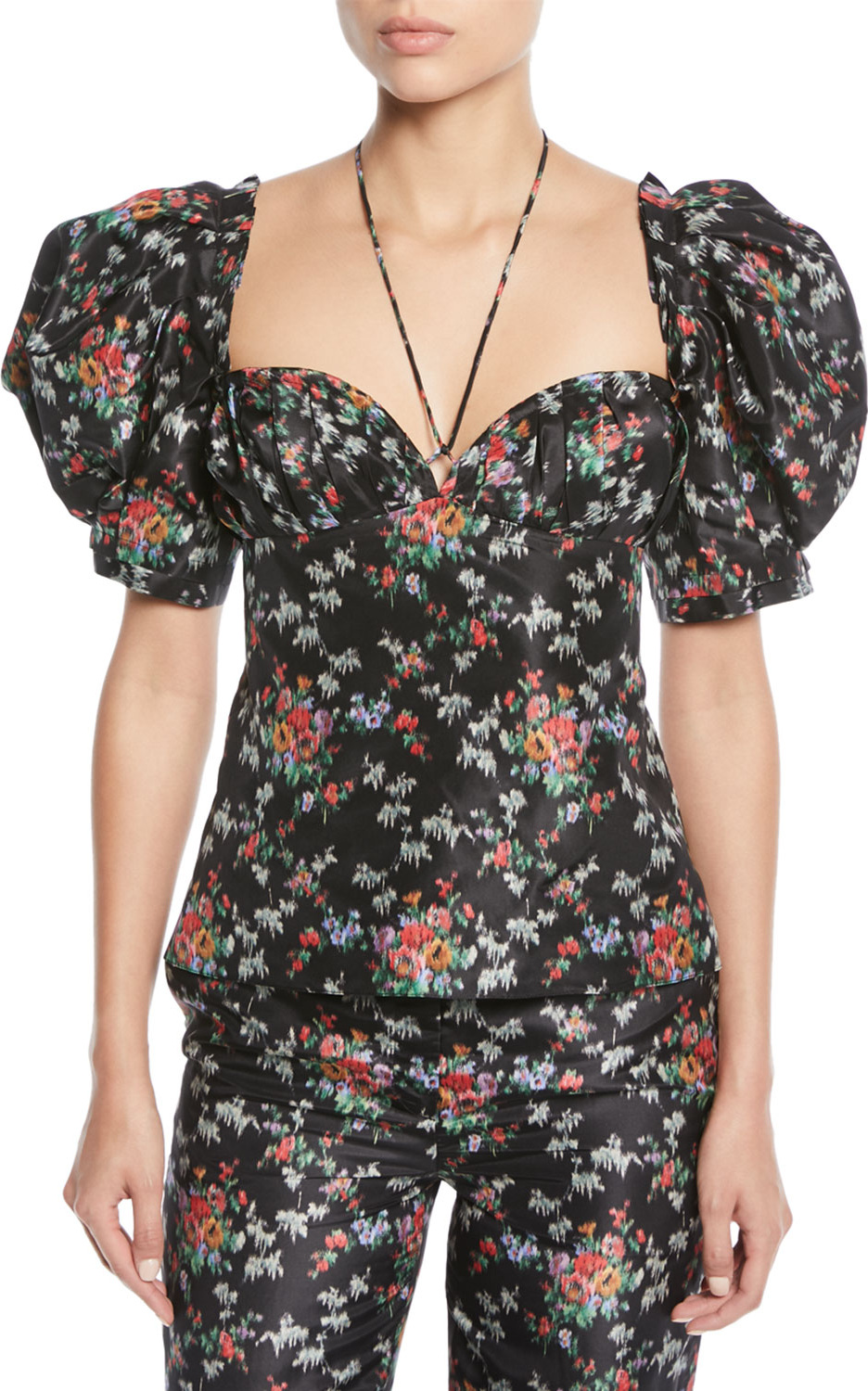 Brock Collection Trixie Sweetheart-Neck Rose-Print Silk Top