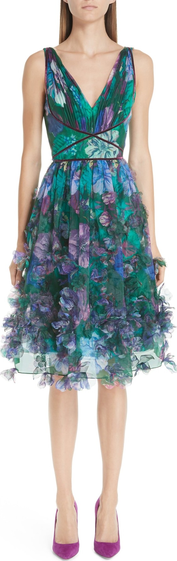 Marchesa Notte Embellished Floral Print Organza A-Line Dress