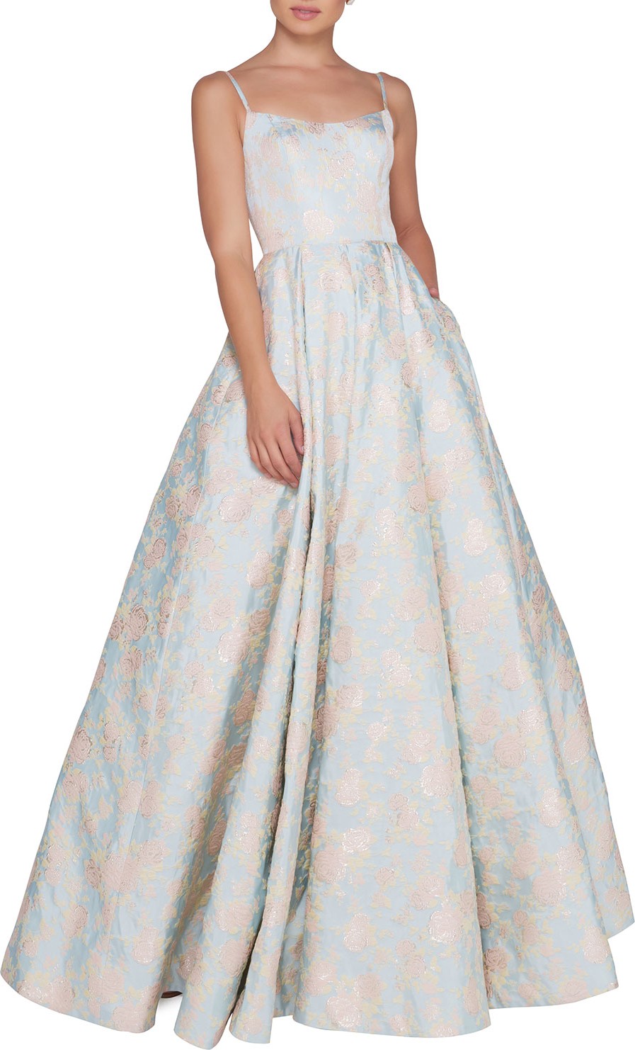 Ieena for Mac Duggal Floral-Print Square-Neck Sleeveless Ball Gown