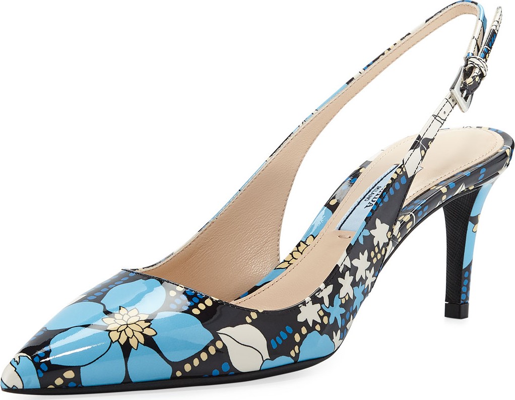 Prada Point-Toe Flower-Print Patent Slingback Pumps