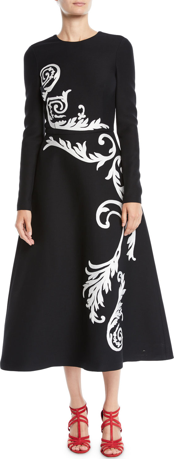 Oscar De La Renta Jewel-Neck Long-Sleeve Scroll-Embroidered Stretch-Wool Tea-Length Dress