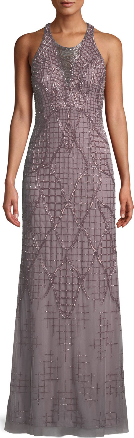 Aidan Mattox A-Line Beaded Loop Fringe Halter Evening Gown