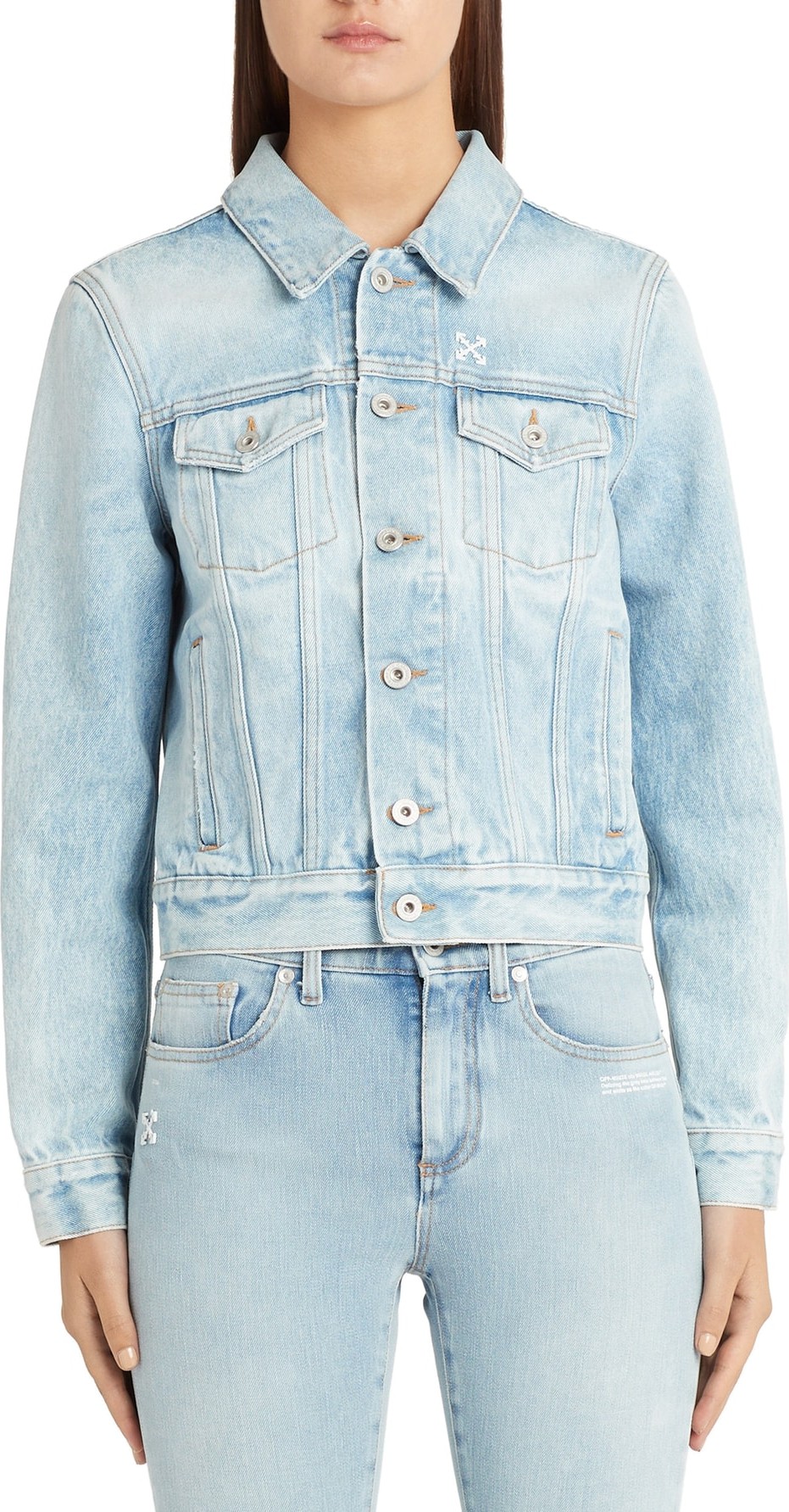 Off White Eagle Print Wrinkled Crop Denim Jacket