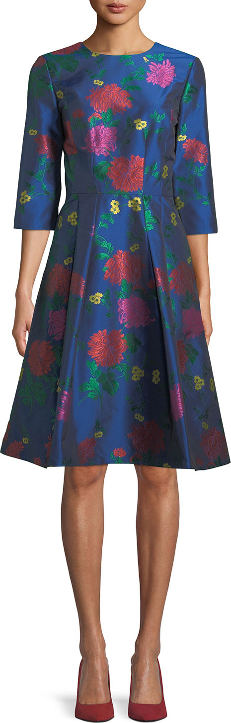 Carolina Herrera 3/4-Sleeve Floral-Jacquard A-Line Cocktail Dress