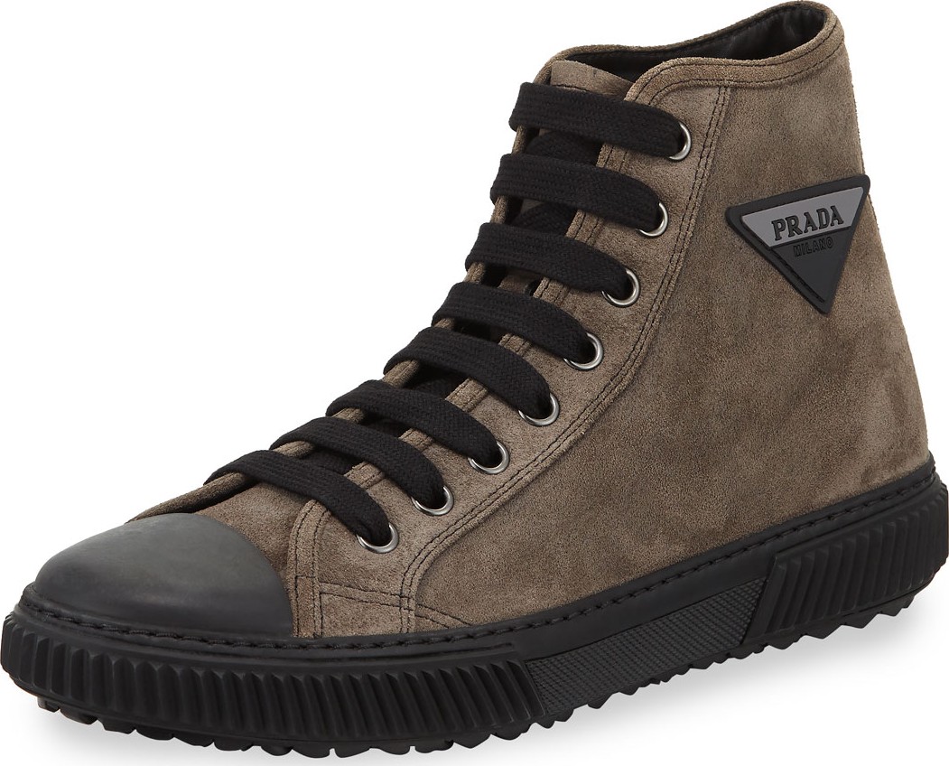 Prada Men's Stratus Suede High-Top Sneakers with Triangle Logo