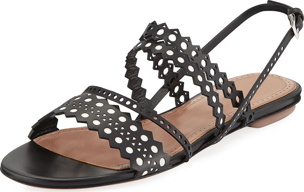 Alaïa Flat Laser-Cut Chamois Slingback Sandals