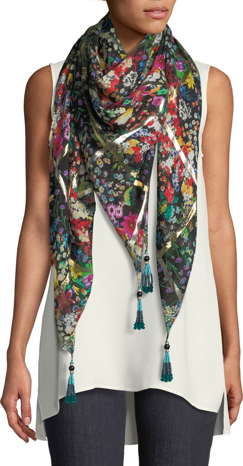 Etro Micro Floral Metallic-Grid Scarf w/ Beaded Tassels
