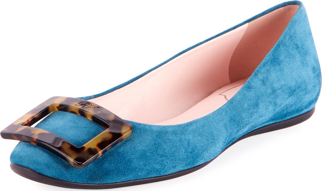 Roger Vivier Gommette Tortoiseshell-Buckle Suede Flats