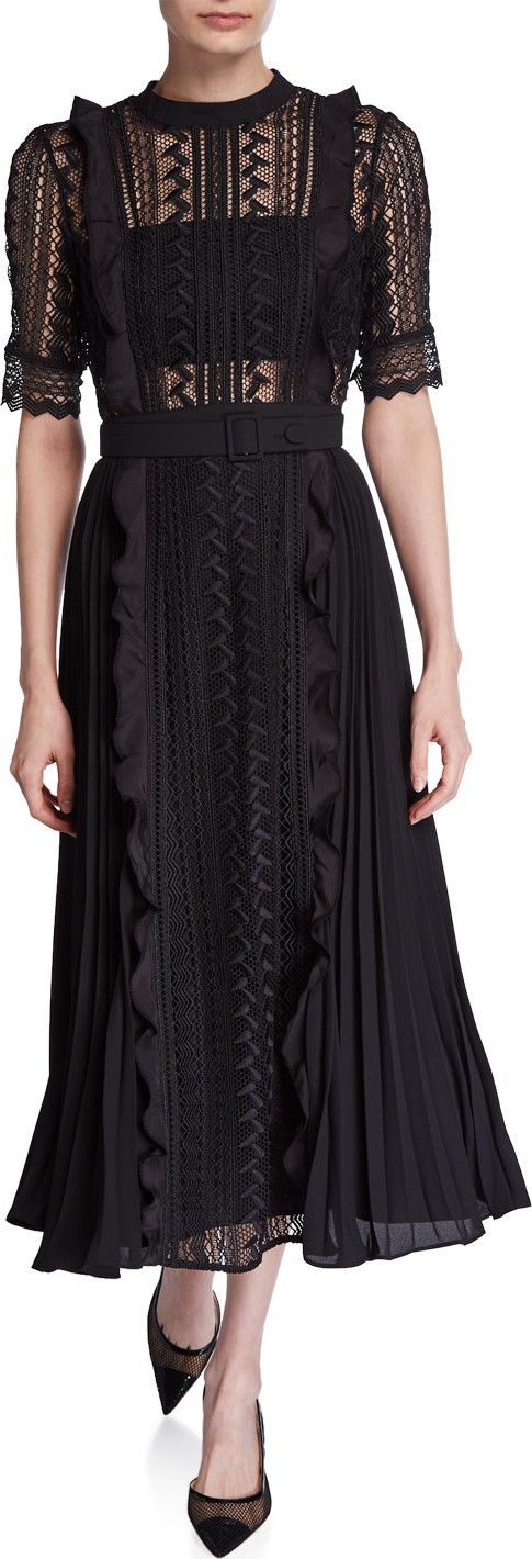 Self Portrait Geometric Lace Pleated Midi Dress with Belt