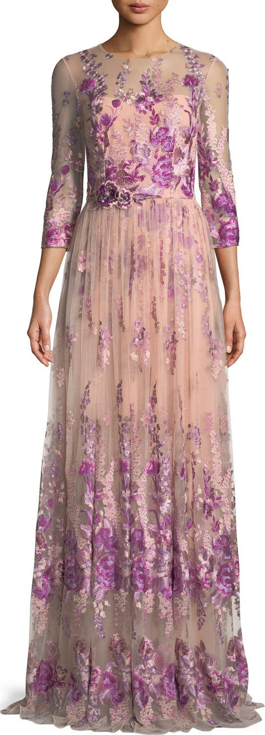 David Meister Floral Embroidered Gown w/ Beaded Waist