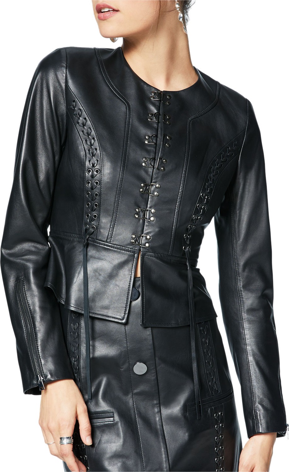 Ramy Brook Brodie Hook-Front Leather Peplum Jacket