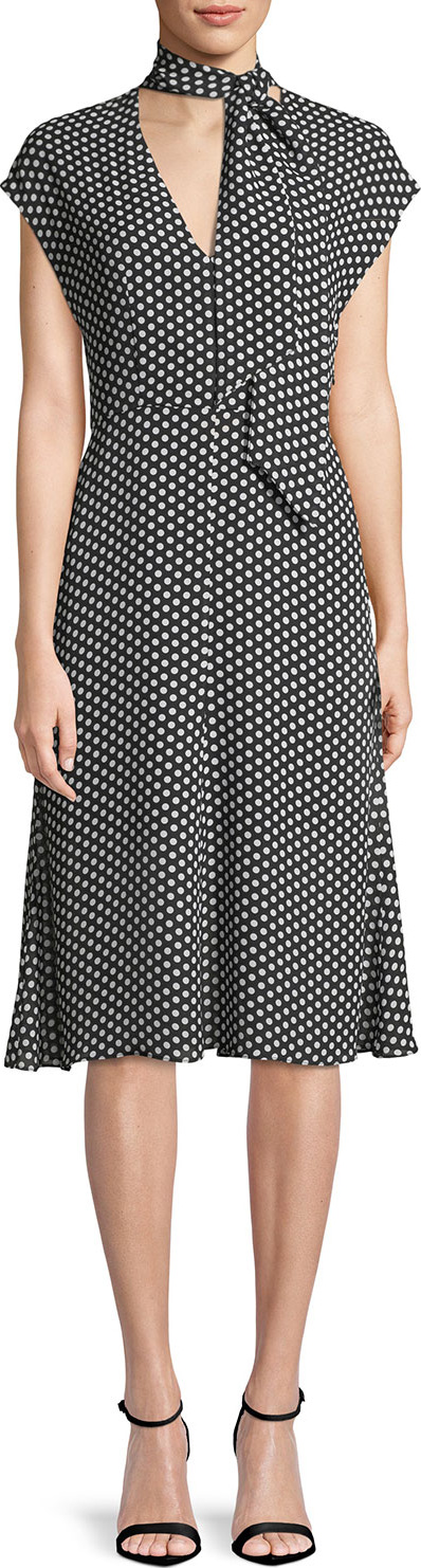 MILLY Gabby Polka-Dot Silk Tie-Neck Dress