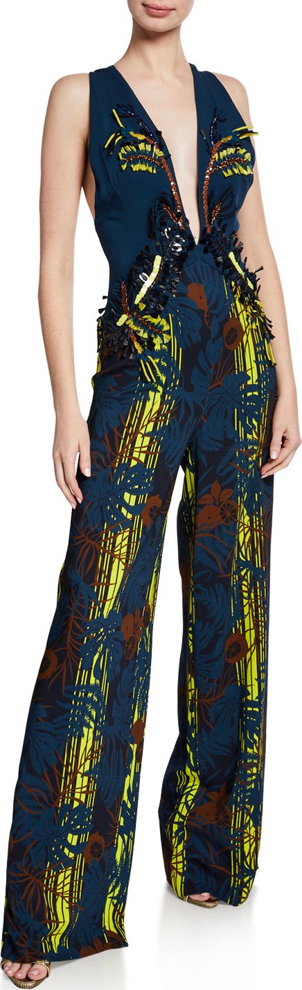 Cushnie Foliage Raffia Embroidered Plunging Wide-Leg Jumpsuit