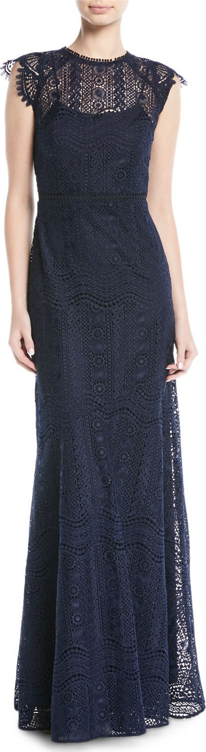 Shoshanna Raven Cap-Sleeve Lace Gown