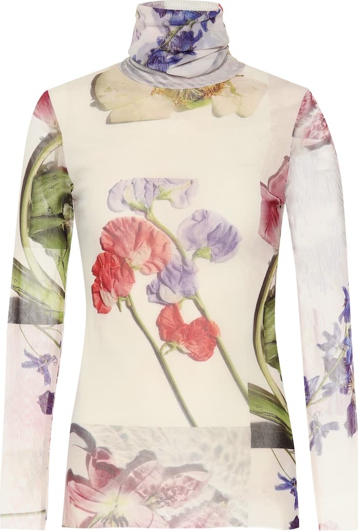 Ganni Printed mesh turtleneck top