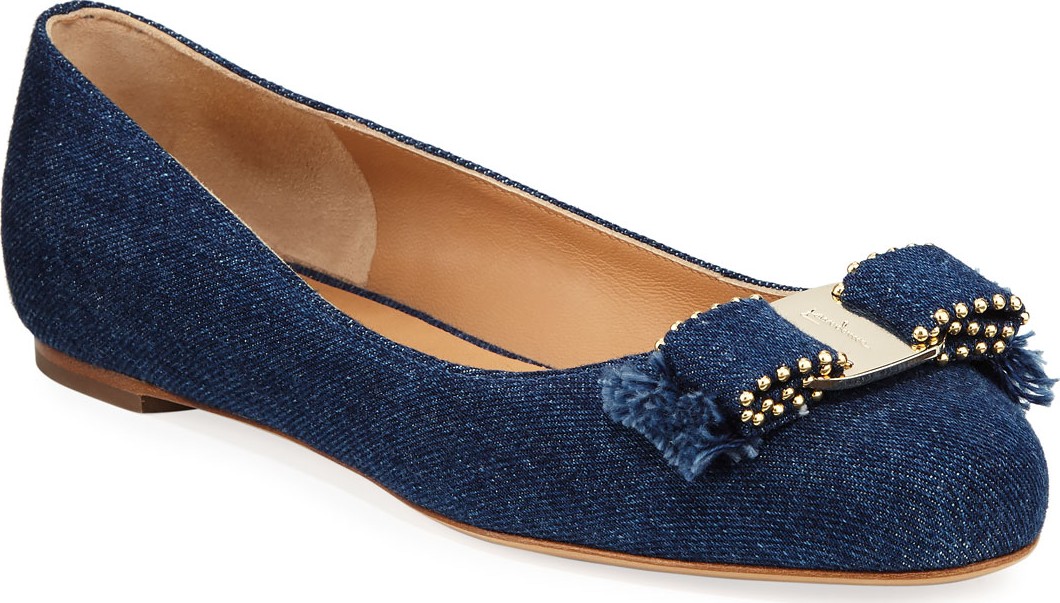 Salvatore Ferragamo Varina Denim Ballet Flats with Studded Bow