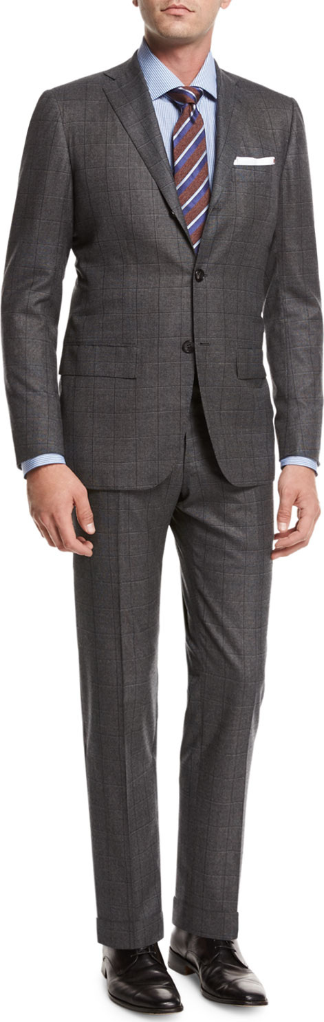 Kiton Windowpane Tic Wool Two-Piece Suit, Gray