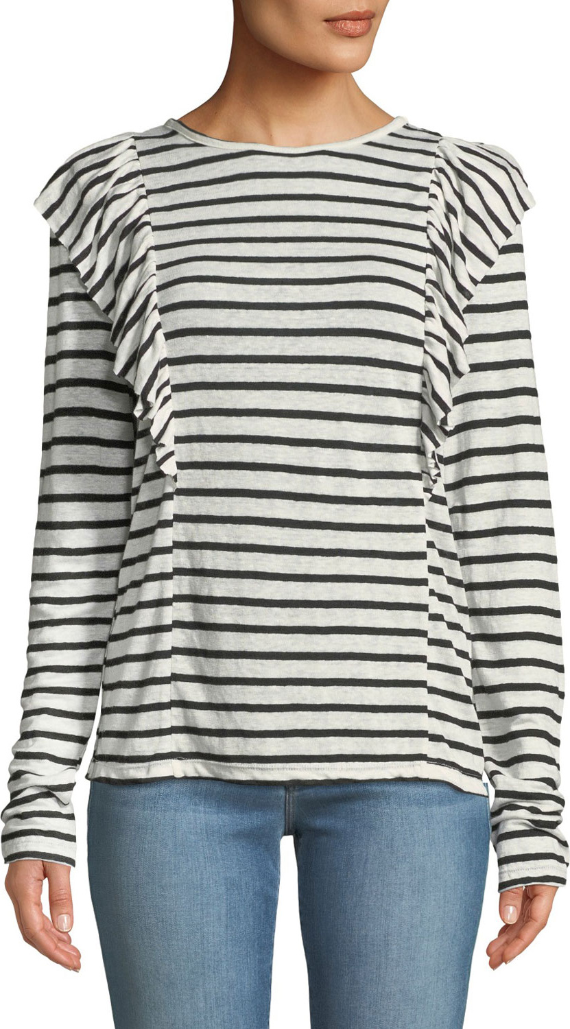 FRAME DENIM Crewneck Striped Linen Top w/ Ruffled Trim