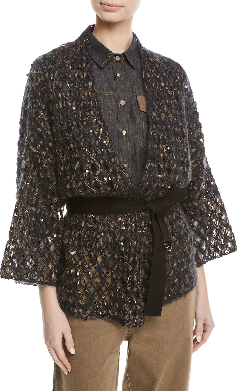 Brunello Cucinelli Mohair Netted Wrap Cardigan w/ Paillettes & Grosgrain Belt