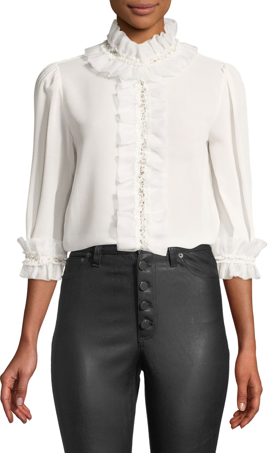 Alice + Olivia Mira Embellished Boxy Ruffle Blouse