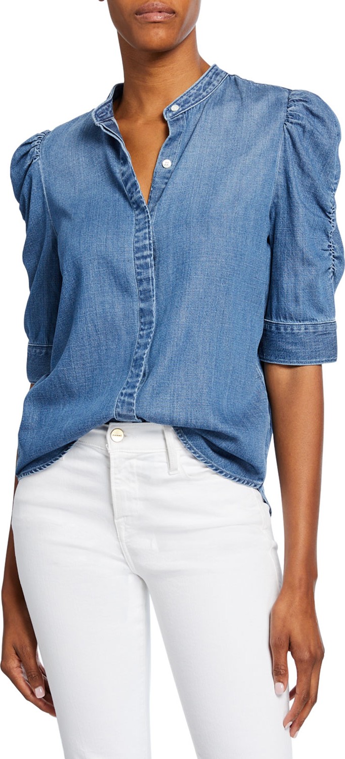 FRAME DENIM Button-Front Elbow-Sleeve Shirred Denim Shirt