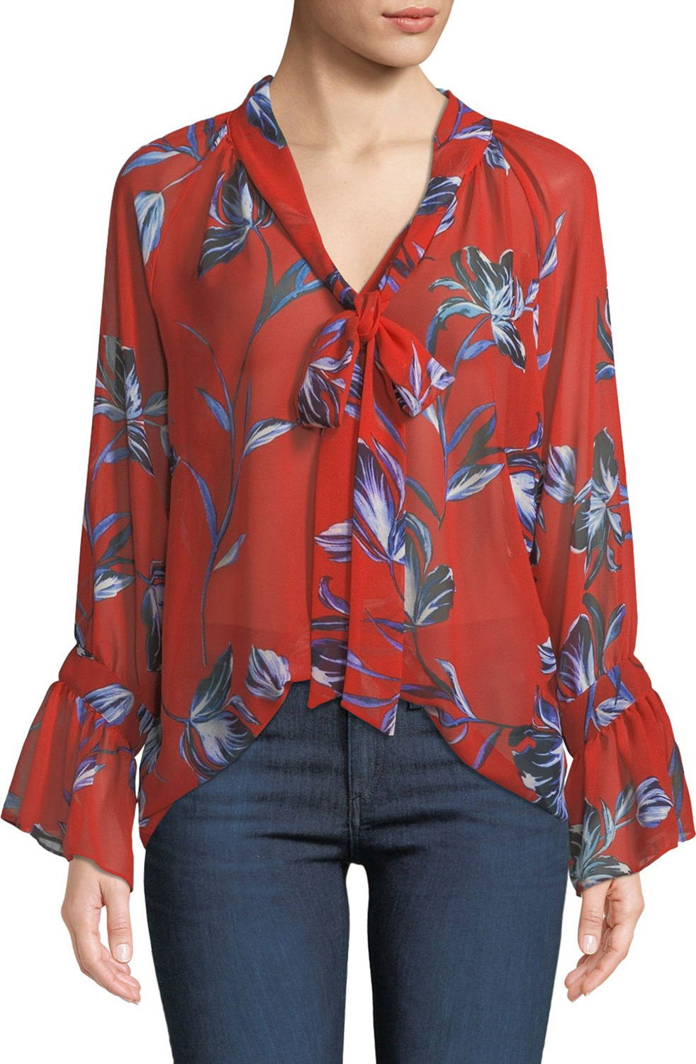 MISA Los Angeles Gracie Floral Bell-Sleeve Tie-Neck Top