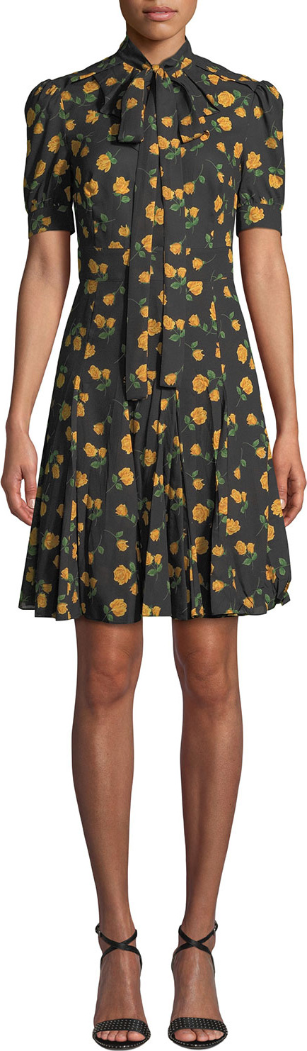 Michael Kors Collection Tie-Neck Short-Sleeve Rose-Print Georgette Day Dress