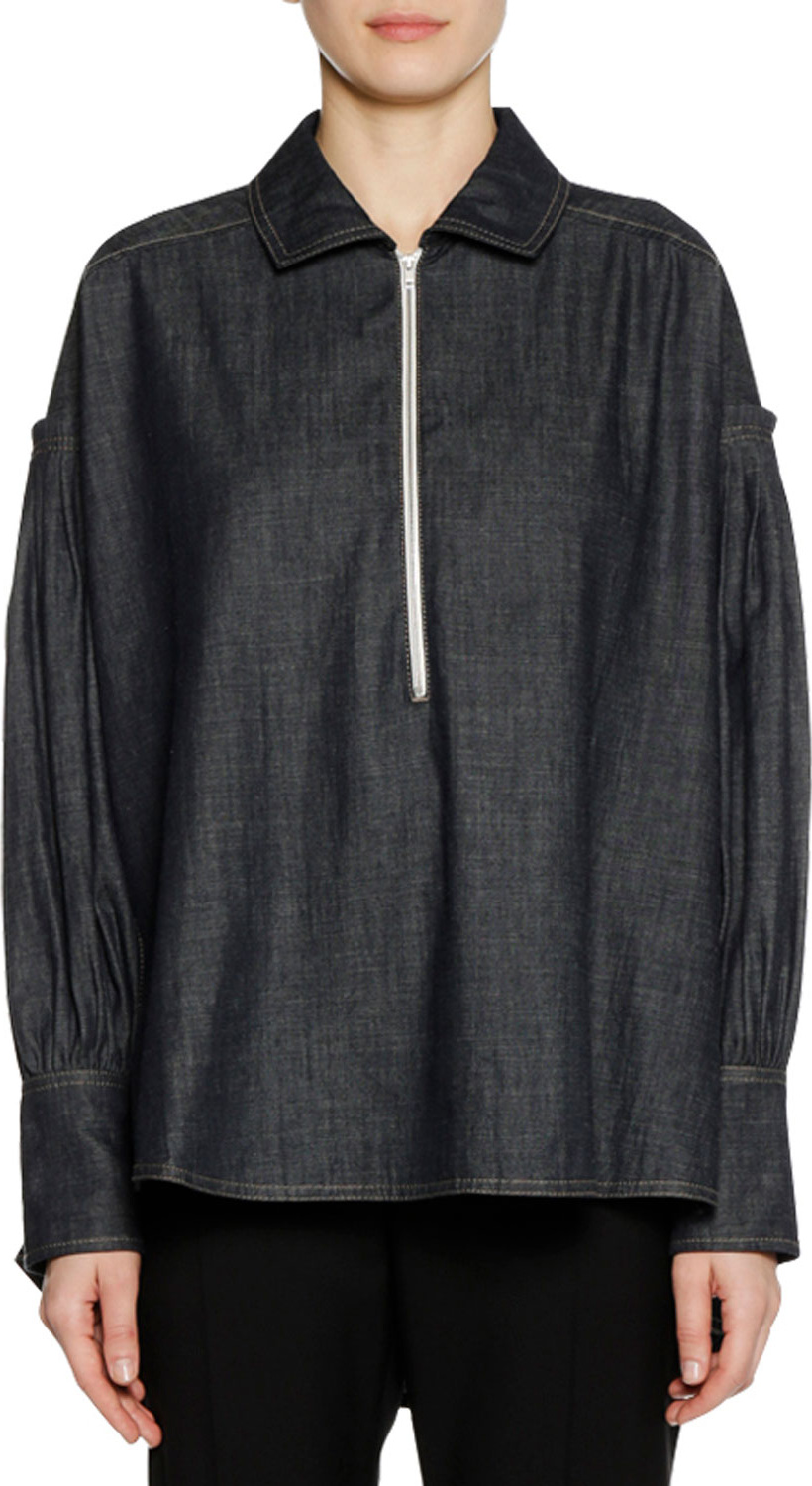 Marni Long-Sleeve Zip-Front Denim Twill Chambray Blouse